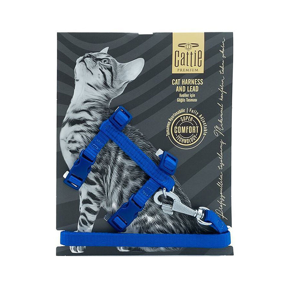 Cattie Dokuma Kedi Gezdirme Göğüs Tasma Takımı Mavi (1 x 25 - 40 cm)