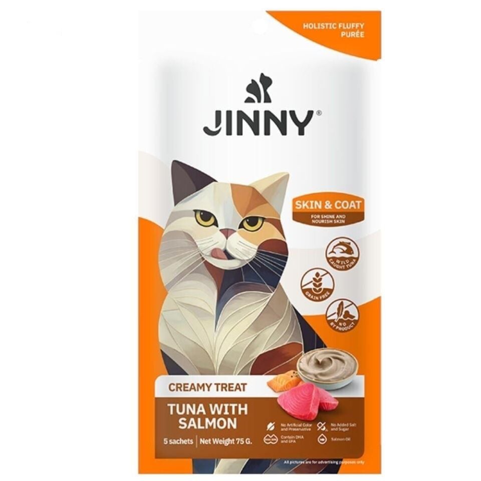 Jinny Somonlu ve Ton Balıklı Tüy Yapısını Destekleyen Creamy Kedi Ödülü (5 x 15 g)