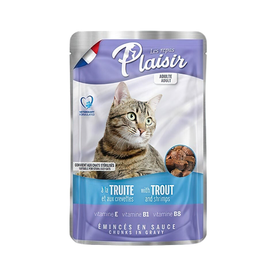 Plaisir Alabalıklı ve Karidesli Yetişkin ve Kısırlaştırılmış Kedi Konserve Maması (100 g)