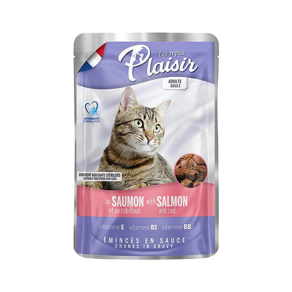 Plaisir Somonlu ve Morina Balıklı Yetişkin ve Kısırlaştırılmış Kedi Konserve Maması (100 g)