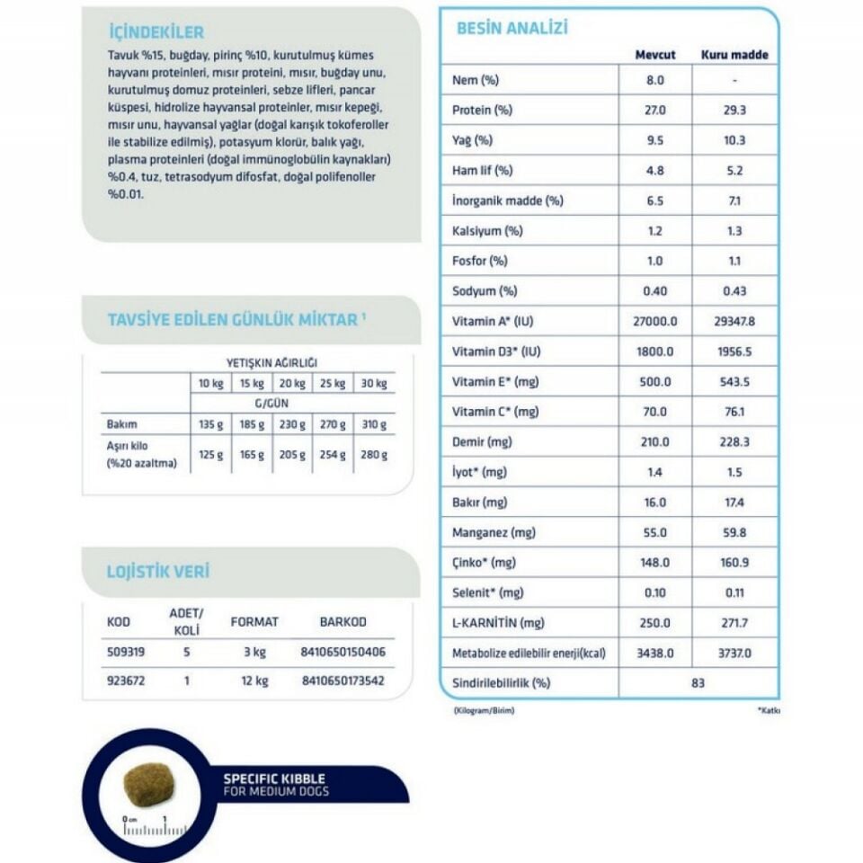Advance Diyet Tavuk Etli ve Pirinçli Orta Irk Yetişkin Köpek Maması (3 kg)