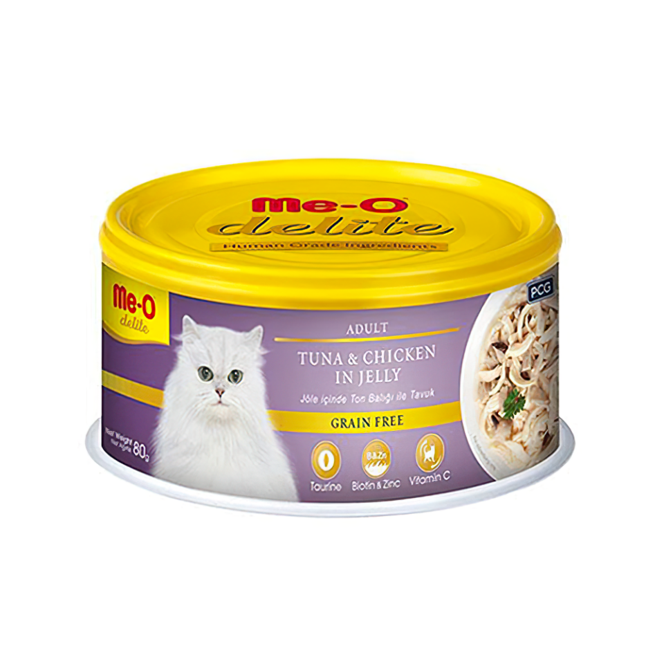 Me-O Delite Tahılsız Ton Balıklı ve Tavuk Etli Yetişkin Kedi Konserve Maması (80 g)