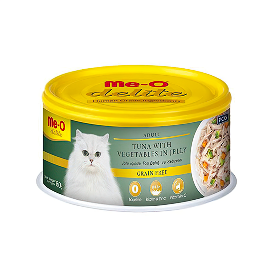 Me-O Delite Tahılsız Ton Balıklı ve Sebzeli Yetişkin Kedi Konserve Maması (80 g)